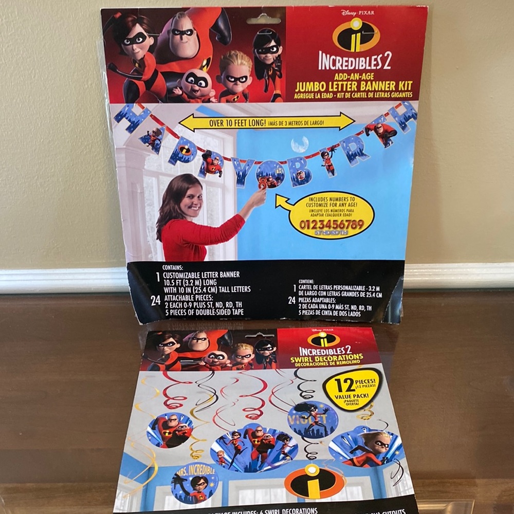 Incredibles 2 Banner and swirl decorations
